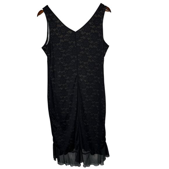 Vintage L’atelier Clientele Ruffle Dress Black Lace Print Mesh Overlay sz Large - Picture 4 of 7
